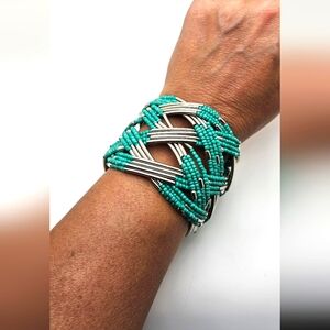 🟢3/$19🟢 Teal Turquoise Color Seed Bead Silver Cuff Bracelet